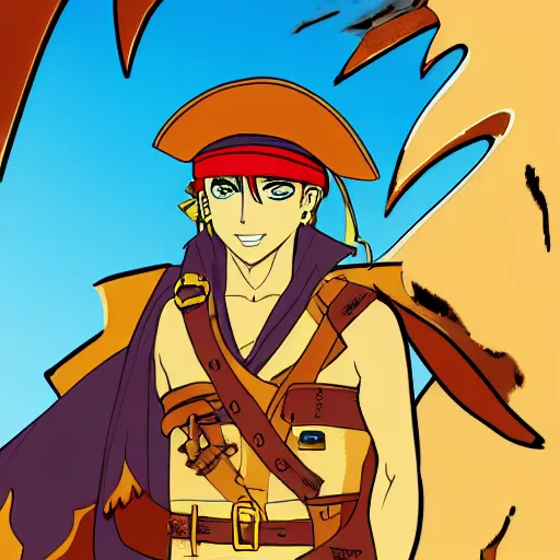 Prompt: !dream Painting of an anime pirate captain in the middle of a desert, digital art (5px vector outline contour, anime shading)