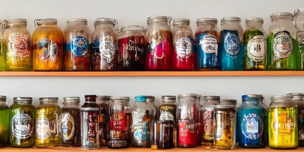 Prompt: a shelf full of colorful magic potions, brews and souls in jars