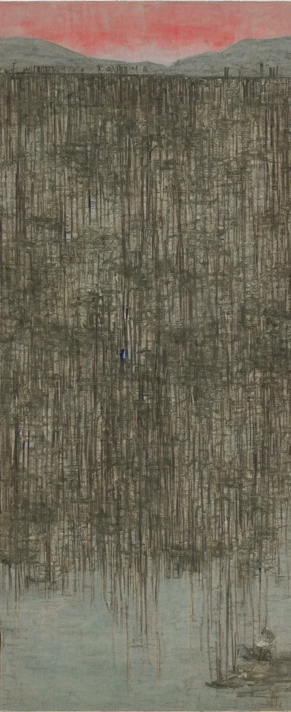 Image similar to a chinese prison near a river by peter doig, muted colors