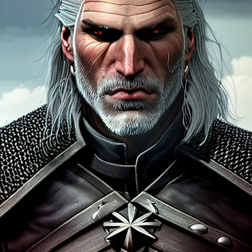 Image similar to geralt of rivia, golden eyes, silver hair, wolf pedant, 4 k, artstation, cgsociety, award - winning, masterpiece, stunning, beautiful, glorious, powerful, fantasy art, bisley, simon