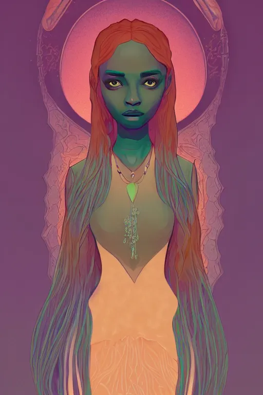 Image similar to 👁👩🏾🦱🧚🏽♀💎🌵👗, phantom, dreary, dramatic, fluid, golden ratio, artstation, moebius + loish, hd,