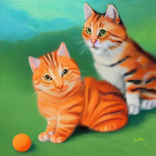 Image similar to Zwei Katzen spielen Tischtennis auf orangefarbenen Hintergrund, oil painting