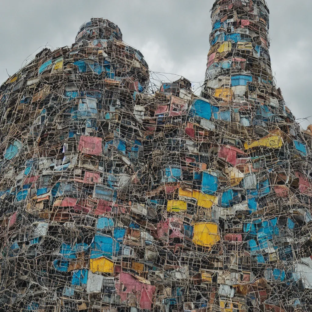 Image similar to close - up view of a circular tower made up of colourful makeshift squatter shacks, bleached colours, moody cloudy sky, dystopia, mamiya, very detailed, photographed by cristina de middel