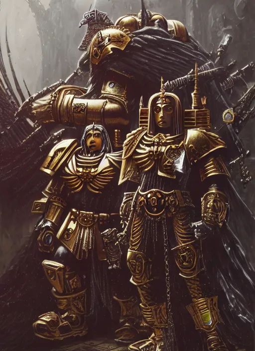 Prompt: wide shot of the emperor of mankind and horus, intricate, warhammer, warhammer 4 0 k, highly detailed, digital painting, concept art, sharp focus, illustration, muted colors, grim dark, moody, gloomy, art by john blanche, by pedro nunez, by jaime martinez, by nacho molina