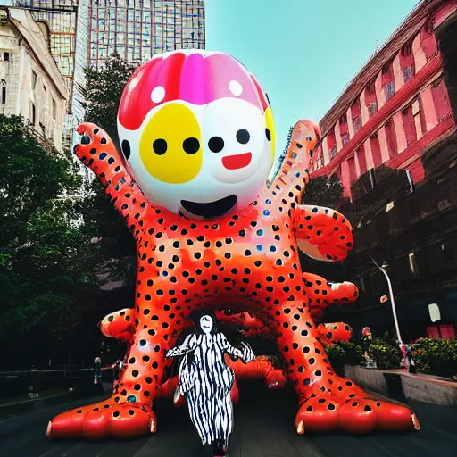 Image similar to daft, ridiculous, joyous, yayoi kusama being chased by a giant ballon dog, nendroid, during golden hour. extremely silly in style of butcher billy.