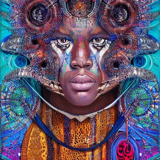 Prompt: a a portrait of an afro futuristic shaman with patterns by android jones