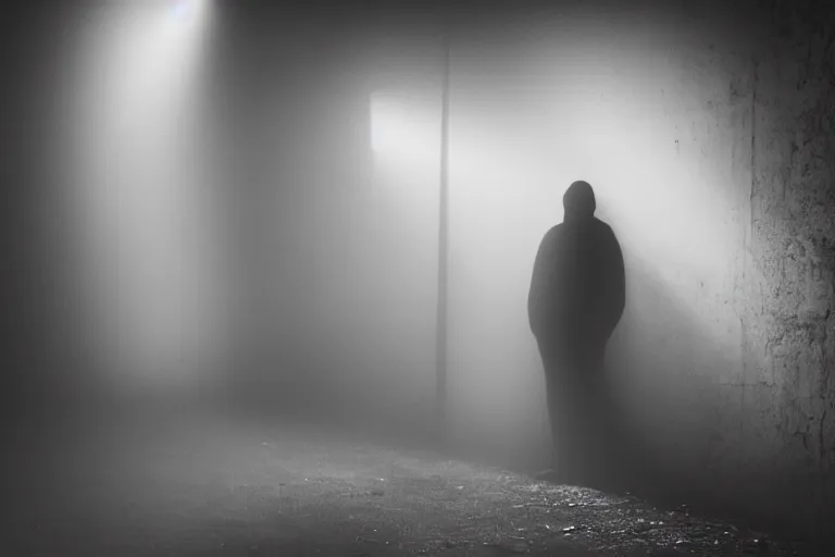 Prompt: a lonely, silhouetted figure stands alone in a creepy derelict corridor. broken windows light rays volumetric fog creepy at night