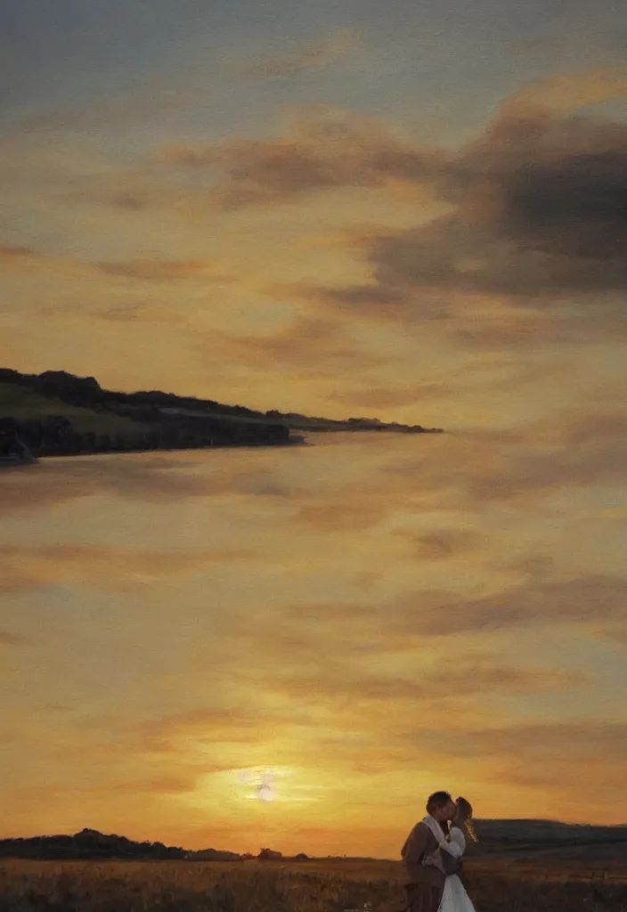 Prompt: a still from bridgerton, anthony kissing kate, sunset, golden hour, very detailed painting