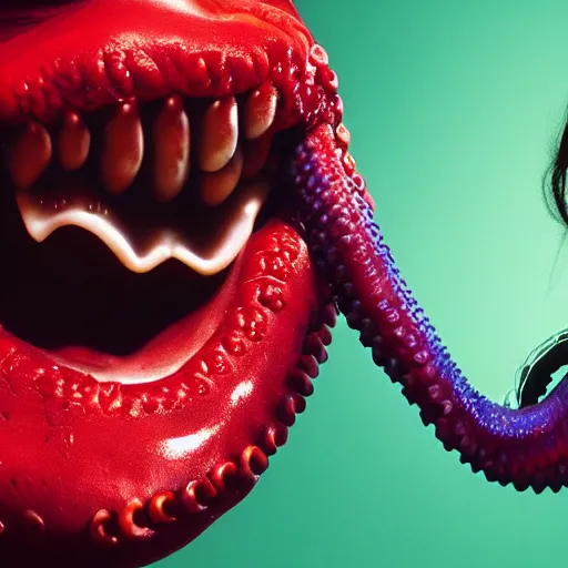 Image similar to highly photorealistic expired fuji film portrait of woman with long tentacled red tongue combined with stranger creatures, imax quality, 8 k, award winning photography