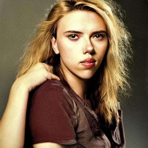 Prompt: a portrait photo of 20 year old male scarlett johansson, with a sad expression, looking forward