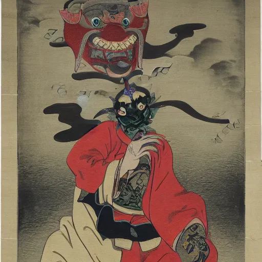 Image similar to man with a hannya maske mage robe cast a thunderstorm