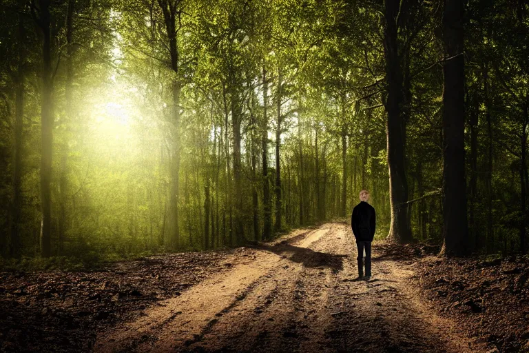 Image similar to a man standing on a dirt road in the woods, a stock photo by gregorius sickinger, pixabay contest winner, primitivism, rendered in maya, anamorphic lens flare, dark