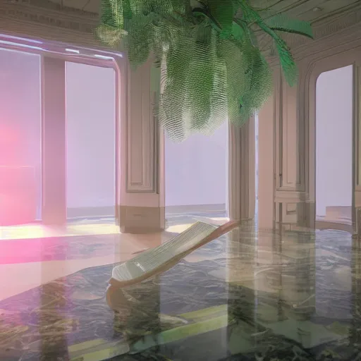 Image similar to vaporwave mansion, liminal space, high detail, rendered in unreal engine, 3d render, god rays, volumetric lighting, large windows, vegetation