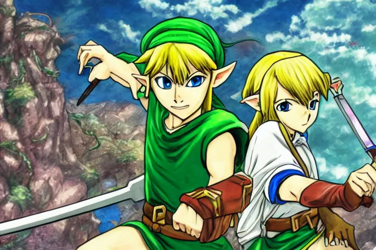 Prompt: Zelda and Link, anime, 4k, art style of Togashi Yoshihiro and Takeuchi Naoko,