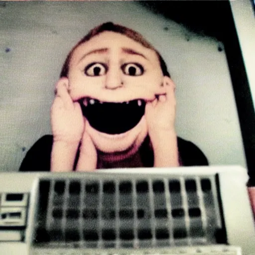 Image similar to 0 0 s kid with creepy smile behind a old computer monitor