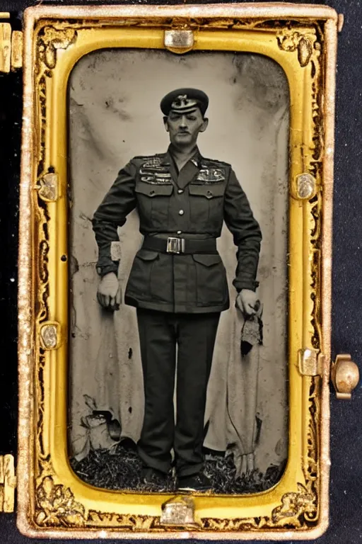 Image similar to 1 9 4 0 s daguerreotype of portrait of an alien in a world war ii marshal's outfit, ornate, illustration, full body, military,