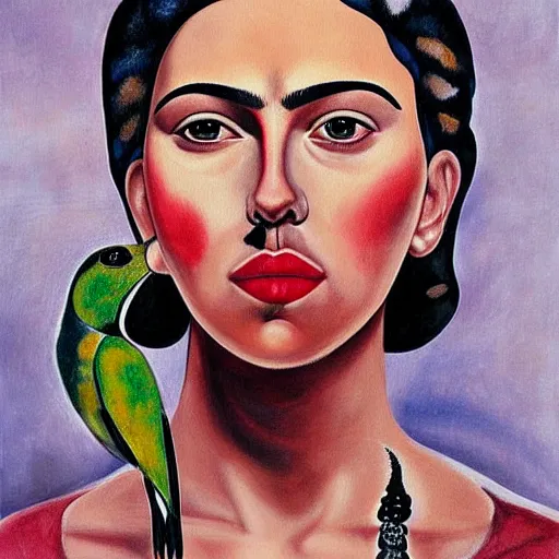 Prompt: painting Self-Portrait of scarlett johansson with Thorn Necklace and Hummingbird, by Frida Kahlo