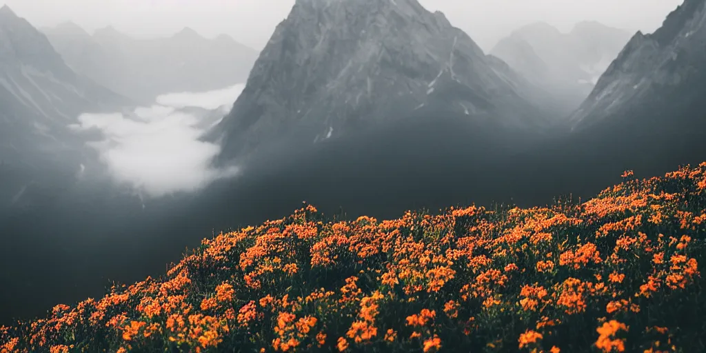 Prompt: flowers, foggy floral mountain side, sunrise, by max muench