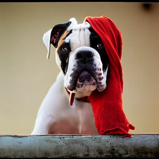 Prompt: portrait of american bulldog as afghan puppy, green eyes and red scarf looking intently, photograph by steve mccurry