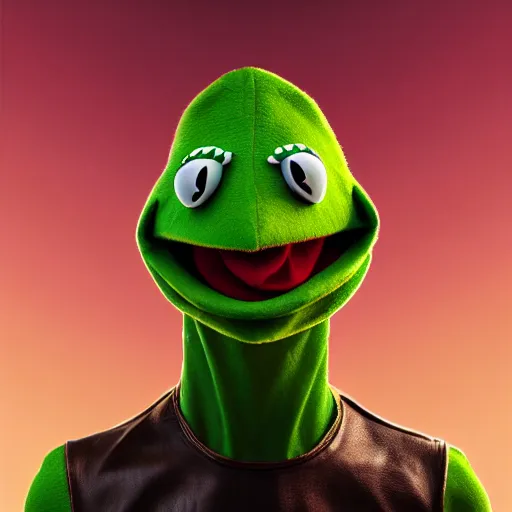 Image similar to portrait of an isolated kermit the frog wearing a leather jacked, zeronis style, full view, masked transparent flat background, popular on artstation, artstationhd, artstationhq 8 k, volumetric lighting, super focused, no blur, trending on artstation, ultra detailed, by artgerm and james gurney, greg rutkowski