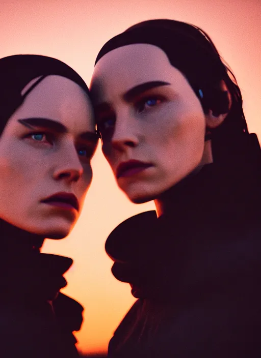 Prompt: cinestill 5 0 d photographic portrait of two sultry loving female androids wearing rugged black techwear on a desolate plain with a red sky, extreme closeup, cyberpunk style, garters, dust storm, 8 k, hd, high resolution, 3 5 mm, f / 3 2, ultra realistic faces, ex machina