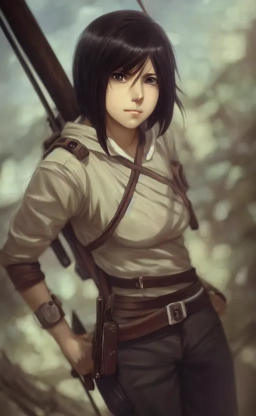 Image similar to mikasa ackerman, hero pose, medium shot, bokeh, beautiful face!!!!, 2 7 years old, cg animation, lifelike, animated, realistic, character select portrait, by artgerm, greg rutkowski, alphonse mucha, 3 d