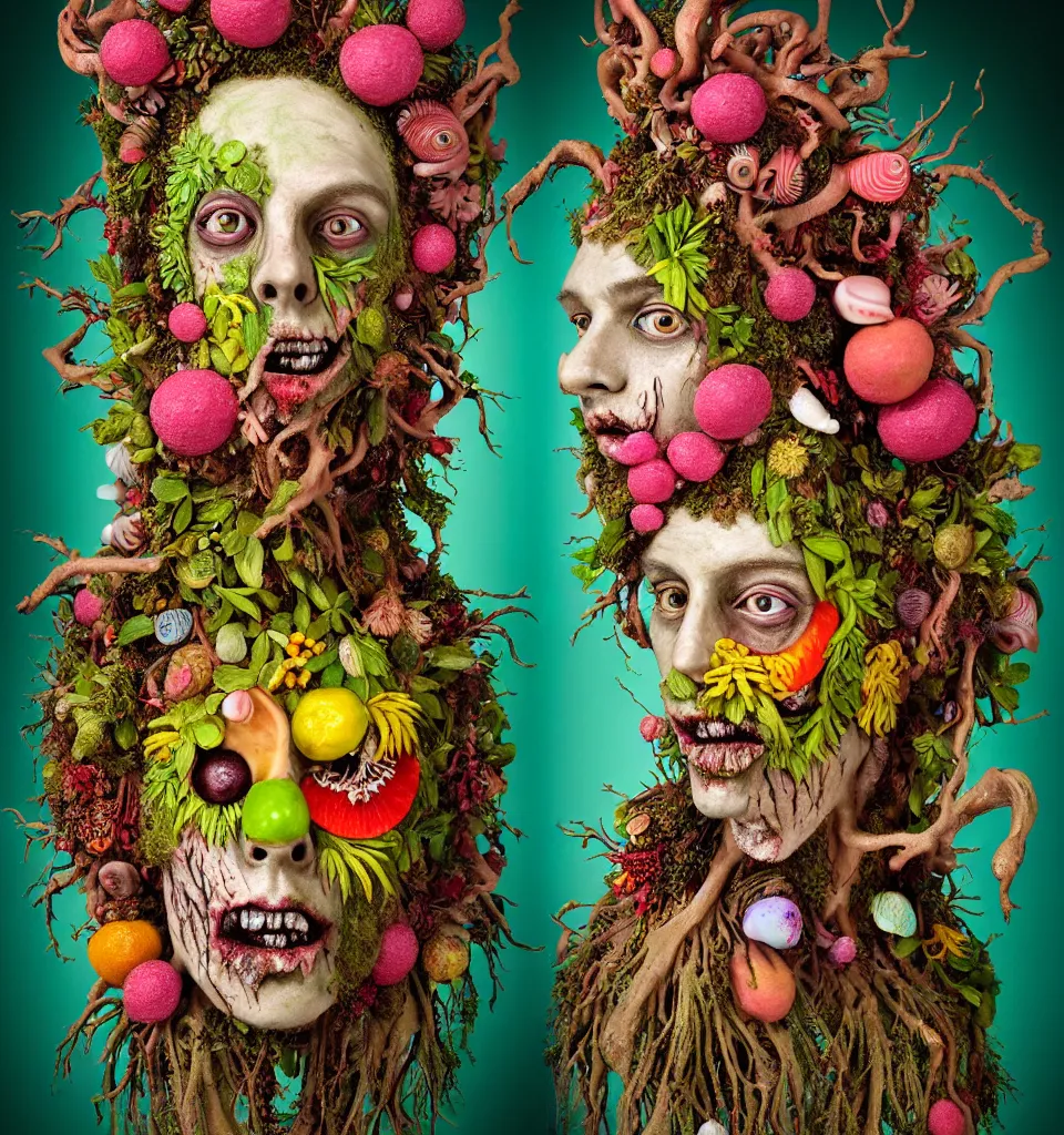 Image similar to headshot portrait of a trickster nature zombie, head made of fruit and flowers in the style of arcimboldo, fragonard, covered with tendrils roots and seashells, oil painting, ethereal, atmospheric lighting, action figure, clay sculpture, claymation, turquoise pink and green, botanical rainbow backdrop