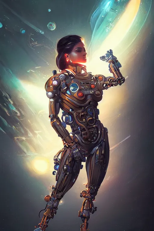 Image similar to portrait of a futuristic cosmonaut girl with biomechanical parts by Artgerm and Greg Rutkowski , néon light, digital painting, highly detailed, trending on artstation