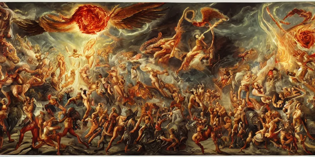 Prompt: epic mythological painting about the birth of angels in the flames of hell, the vanquishing of a titan of fire with multiple screaming faces, world destruction, monster cosmic fight, chaoskampf, heat shimmer