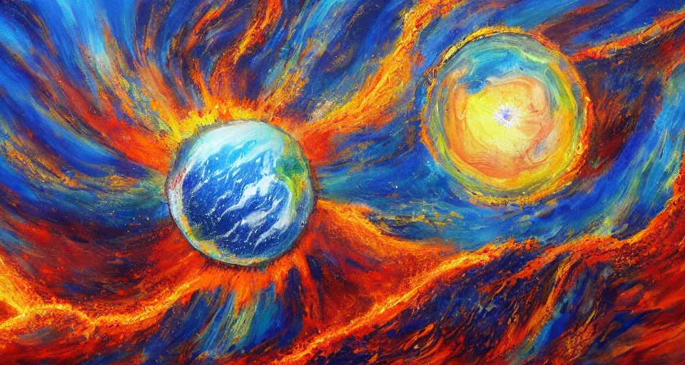 Image similar to award winning painting, planet of water crashing into a planet of fire, bright explosion