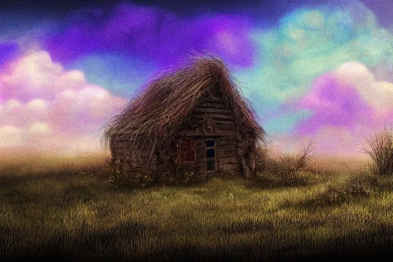 Prompt: an iridescent cloud coming out from a lone well near an old wood cottage in a desolate wasteland full of strange vegetation. detailed nocturnal scene, soft light, sharp focus, intricate, trending artstayion, digital art