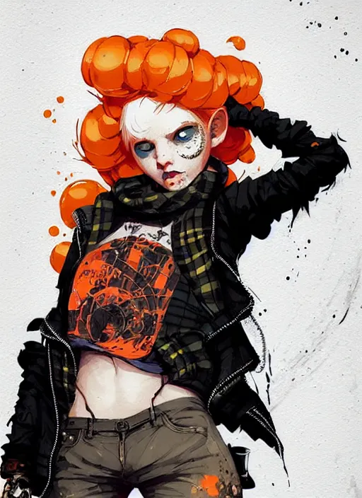 Image similar to highly detailed portrait of a sewer punk lady, tartan hoody, blonde ringlet hair by atey ghailan, by greg rutkowski, by greg tocchini, by james gilleard, by joe fenton, by kaethe butcher, gradient orange, black, blonde cream and white color scheme, grunge aesthetic!!! ( ( graffiti tag wall background ) )