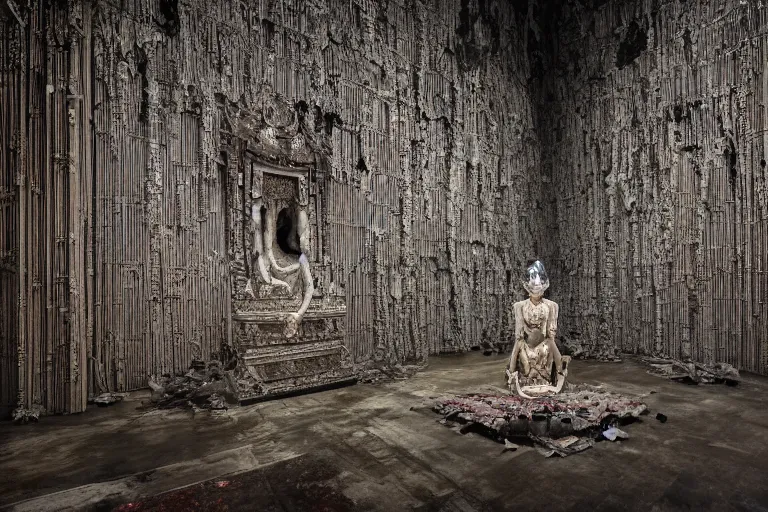 Image similar to vampire queen sitting on a throne in the abandoned buddhist temple, omnious, eerie, magnificent, wow, intricate, by nicola samori, by ryoji ikeda