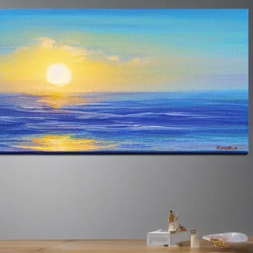 Image similar to sea, wavy, sun at dawn reflecting on the sea cloudy acryl painting 4 k