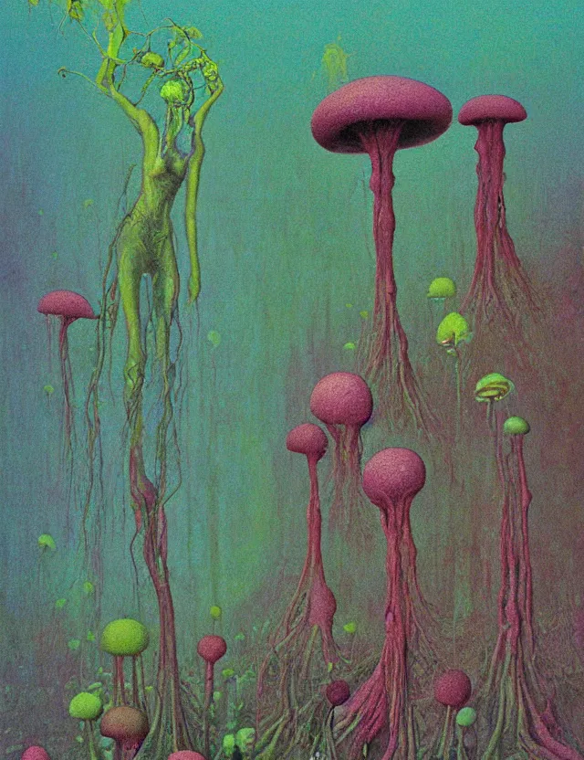 Prompt: fungal bloom fairy monarch forgotten slime mold fae king by zdzisław beksiński, oil painting award winning, chromatic aberration radioactive colors