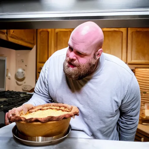 Image similar to ethan van sciver with a bald head and grey trimmed beard is sniffing a warm baked pie in his kitchen in the middle of the night h 7 0 4