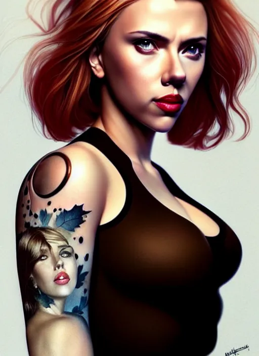 Prompt: full body gorgeous Scarlett Johansson, realistic character concept, arm tattoo sleeves, full body pose, autumn, makeup, shorter neck, illustration, symmetrical eyes and body, cinematic lighting, detailed realistic symmetrical eyes, artgerm, Joshua Middleton, single face, insanely detailed and intricate, beautiful