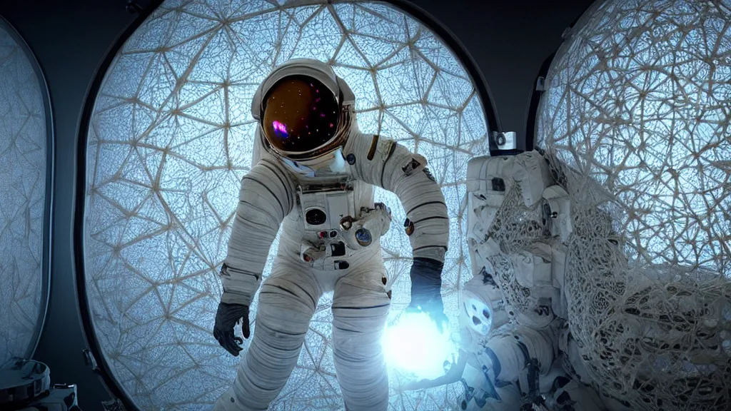 Image similar to a astronaut eva suit covered in diamond 3d fractal lace iridescent bubble 3d skin and covered with insectoid compound eye camera lenses floats through the living room, film still from the movie directed by Denis Villeneuve with art direction by Salvador Dalí, wide lens,