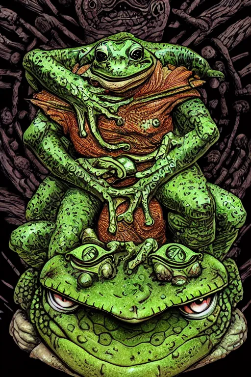 Prompt: humanoid toad warrior, frog themed, bog, symmetrical, highly detailed, digital art, sharp focus, trending on art station, kentaro miura manga art style