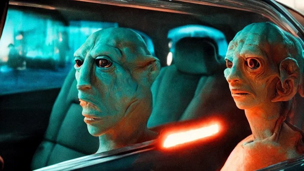 Image similar to the creature sits in a car, made of glowing wax, they look me in the eye, film still from the movie directed by Denis Villeneuve and David Cronenberg with art direction by Salvador Dalí, wide lens