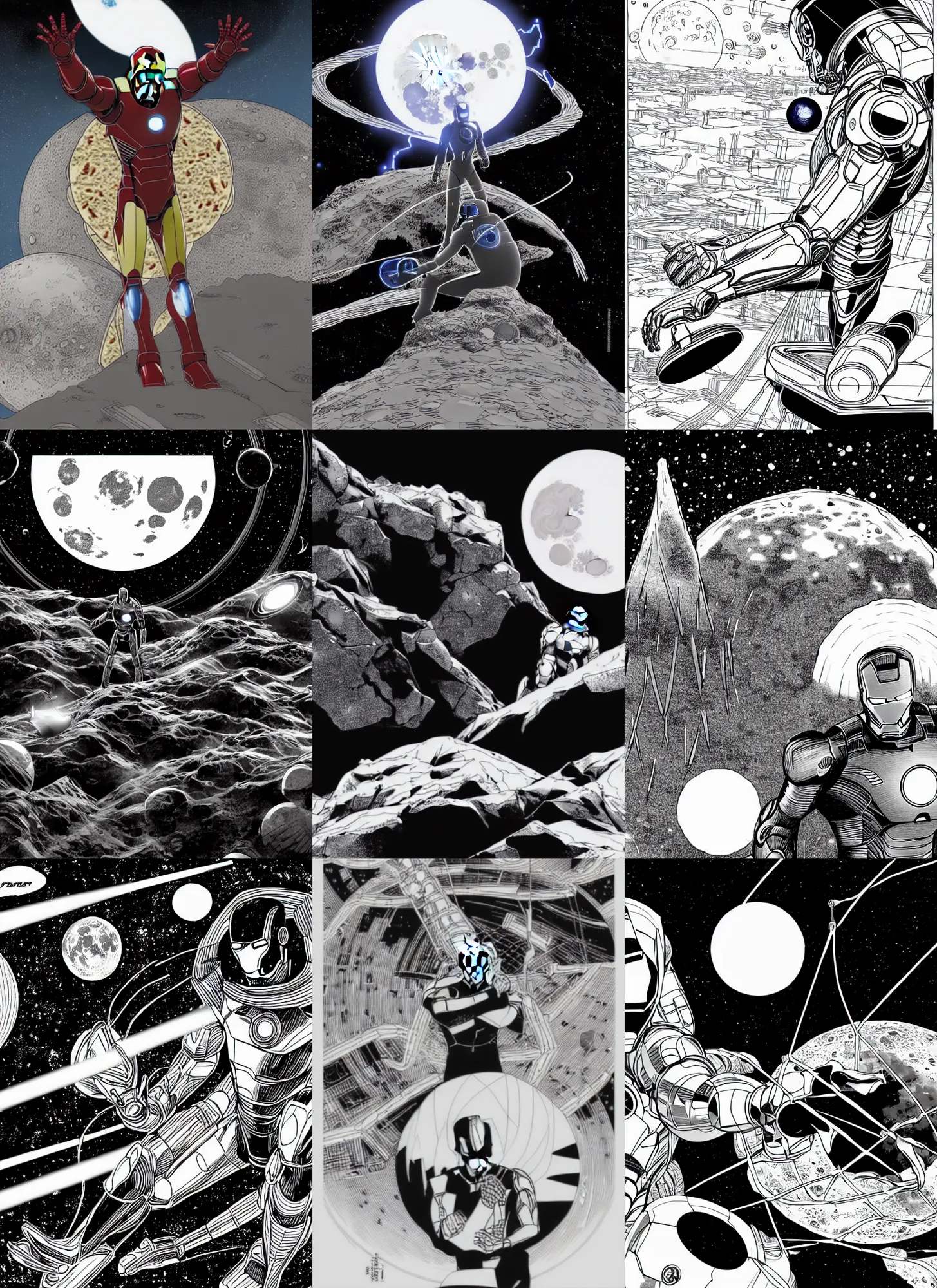 Prompt: sad iron man with blue heart eats shawarma on the ogly destroed moon, distant wires earth background, by tsutomu nihei, black and white, isometric, perspective