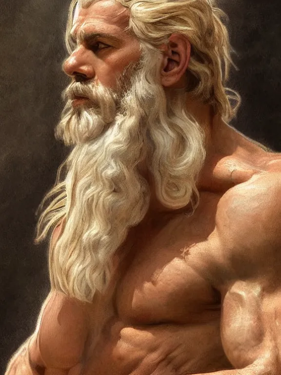 Prompt: painted portrait of rugged zeus, god of thunder, greek god, white hair, masculine, mature, handsome, upper body, red and gold, muscular, hairy torso, fantasy, intricate, muscular, elegant, highly detailed, digital painting, artstation, concept art, smooth, sharp focus, illustration, art by gaston bussiere and alphonse mucha