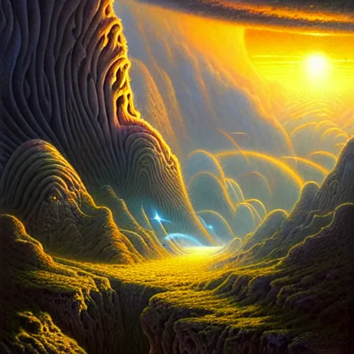 Image similar to of an impossible landscape with a infinite multi dimension portal, spaceship bending spacetime with a beautiful ultra detailed matte painting a lush mountain range at dusk by tomasz alen kopera and Justin Gerard and Dan Mumford, tarot card, dazzling energy, ultra wide angle shot, high angle shot, intricate, fractal magic, rays of god, hyperdetailed, micro details, volumetric lighting, 8k, ray tracing, polarized lens