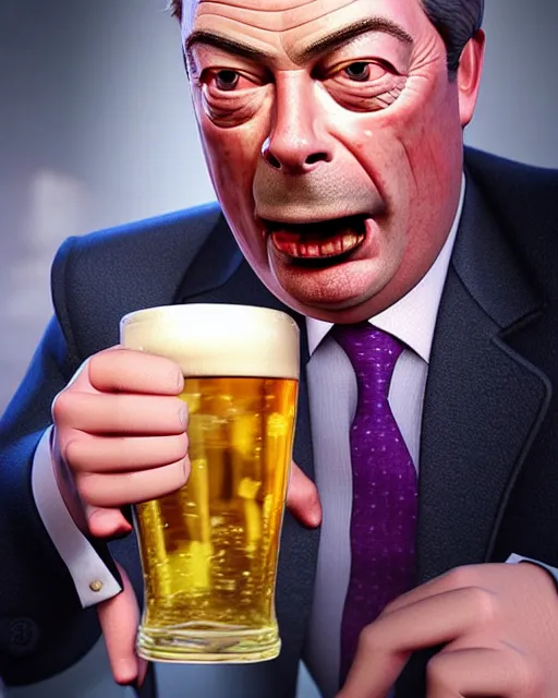 Image similar to Bitter Nigel Farage with a pint on his hand. Unreal engine, fantasy art by Betty Jiang. Faithfully depicted facial expression, perfect anatomy global illumination, radiant light, detailed and intricate environment