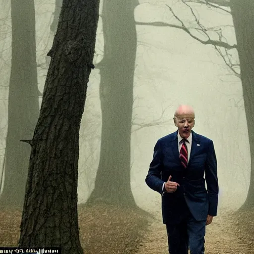 Prompt: joe biden seein in the foggy woods with a devilish grin in his face in the new horror movie, creepy