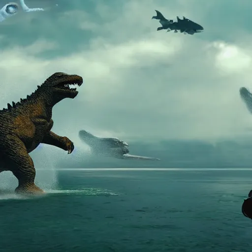 Prompt: gigantic 1 0 0 meters beagle fighting with godzilla over the sea, epic cinematic, 4 k, very high detail