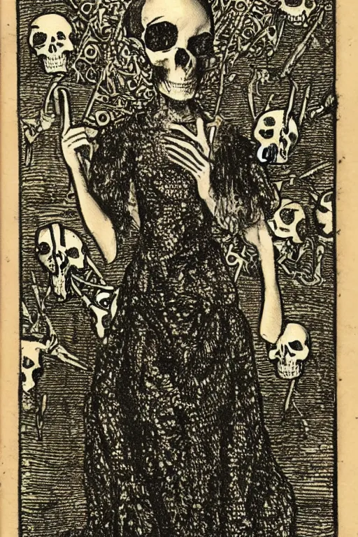 Prompt: tarot card of several skulls and bones with a young woman wearing a long dress stuck in the middle