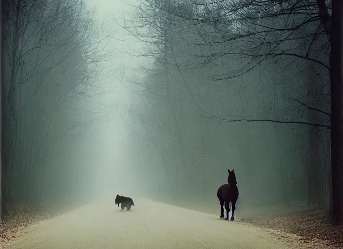 Prompt: medium shot, an evil horse is walking, woods, horror, fog, polaroid photo, vintage, neutral colors, by gregory crewdson,