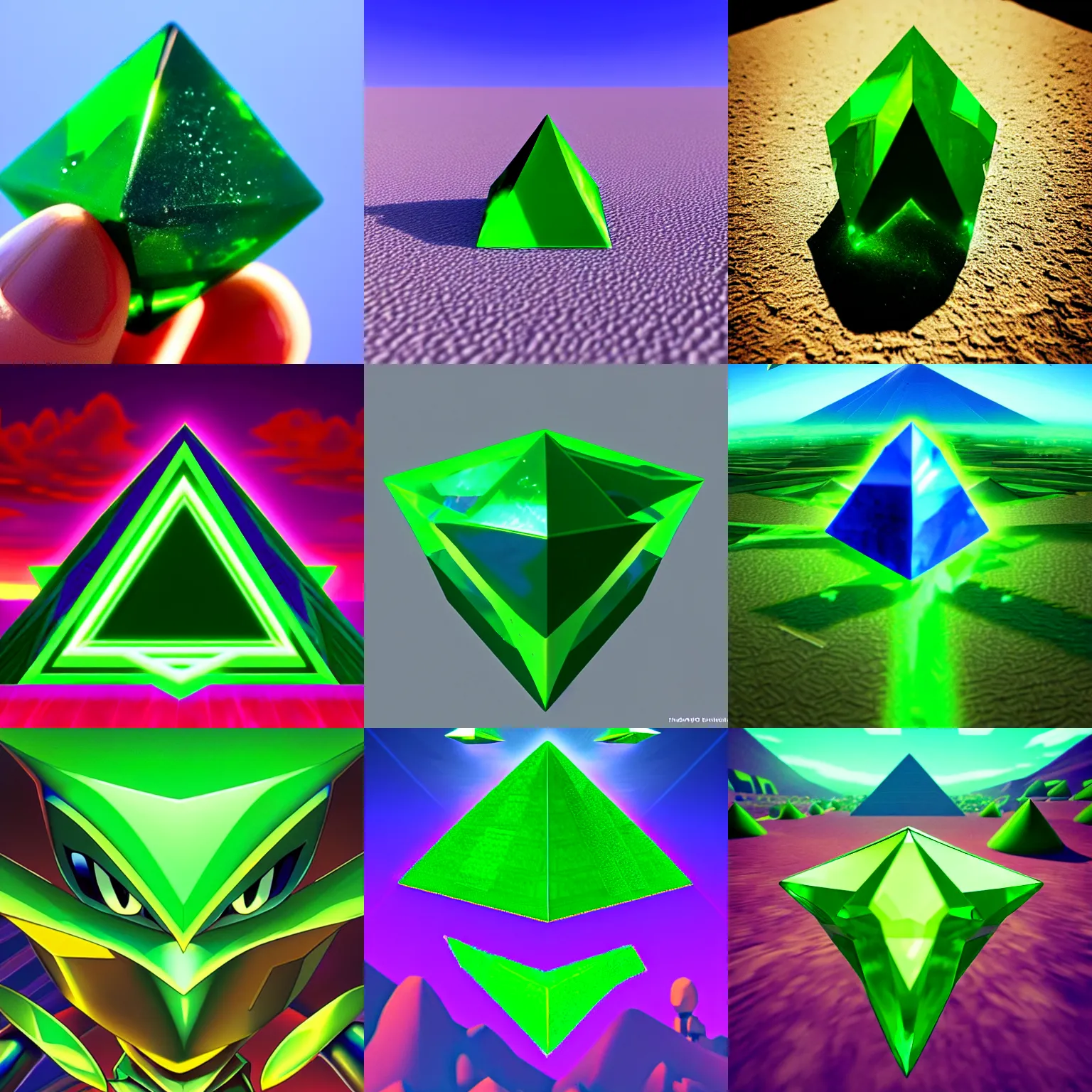 Prompt: photo of green chaos emerald ( from sonic ), in the desert, highly realistic, hyperrealistic, hyperdetailed, anime, artstation, perfect cut, pyramid shape, from sonic