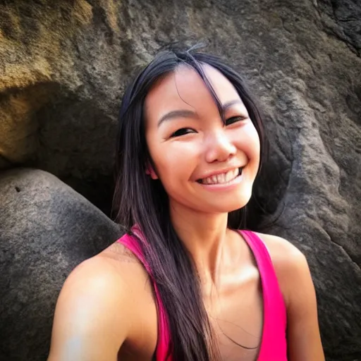 Image similar to beautiful half vietnamese tanned woman, toned, rock climber, instagram, smiling, beach, portrait, photorealistic